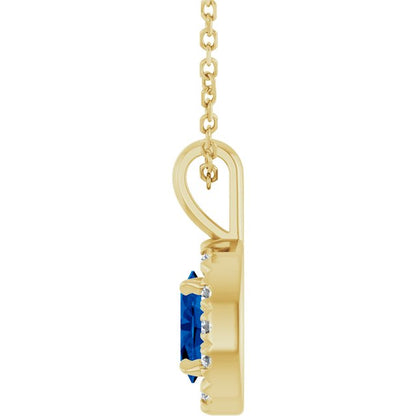 14K Yellow Gold 6x4 mm Lab-Grown Blue Sapphire & 1/10 CTW Natural Diamond 16-18" Necklace