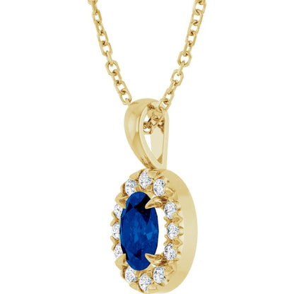 14K Yellow Gold 6x4 mm Lab-Grown Blue Sapphire & 1/10 CTW Natural Diamond 16-18" Necklace