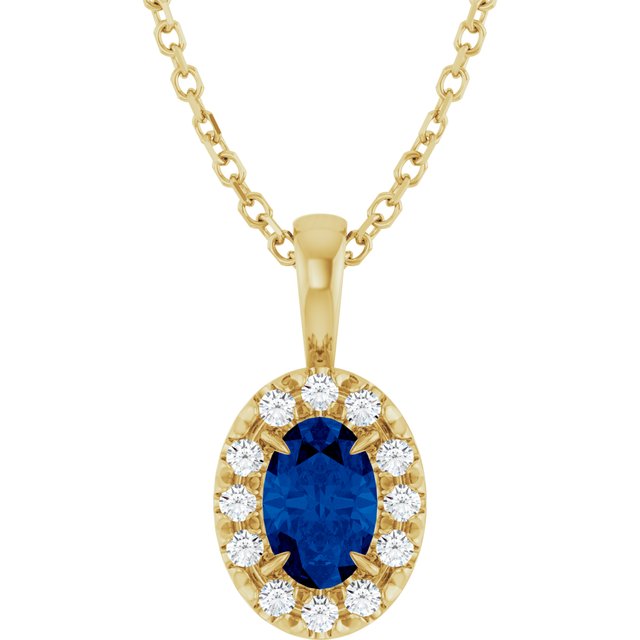 14K Yellow Gold 6x4 mm Lab-Grown Blue Sapphire & 1/10 CTW Natural Diamond 16-18" Necklace
