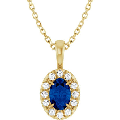 14K Yellow Gold 6x4 mm Lab-Grown Blue Sapphire & 1/10 CTW Natural Diamond 16-18" Necklace