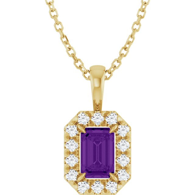 14K Yellow Gold 6x4 mm Natural Amethyst & 1/5 CTW Natural Diamond 16-18" Necklace