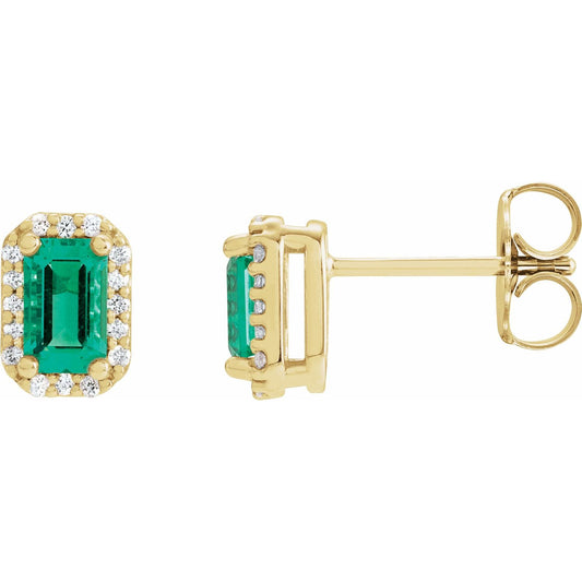 14K Yellow Gold Lab-Grown Emerald & .07 CTW Natural Diamond Halo-Style Earrings