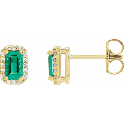 14K Yellow Gold Lab-Grown Emerald & 1/6 CTW Natural Diamond Halo-Style Earrings