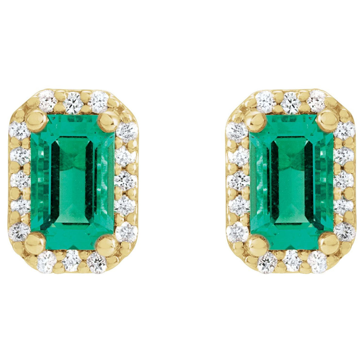 14K Yellow Gold Lab-Grown Emerald & .07 CTW Natural Diamond Halo-Style Earrings
