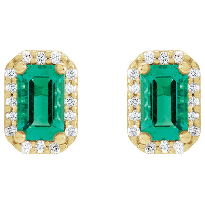 14K Yellow Gold Lab-Grown Emerald & .07 CTW Natural Diamond Halo-Style Earrings