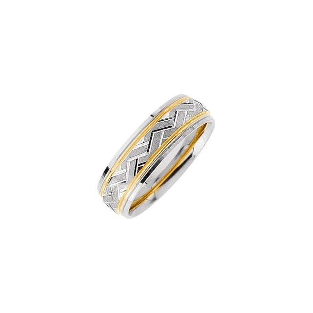 14K White/Yellow Gold Stepped-Edge Grooved Comfort-Fit Half Round Band