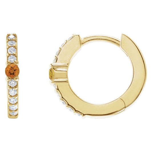 14K Yellow Gold Natural Citrine & 1/8 CTW Natural Diamond Hoop Earring