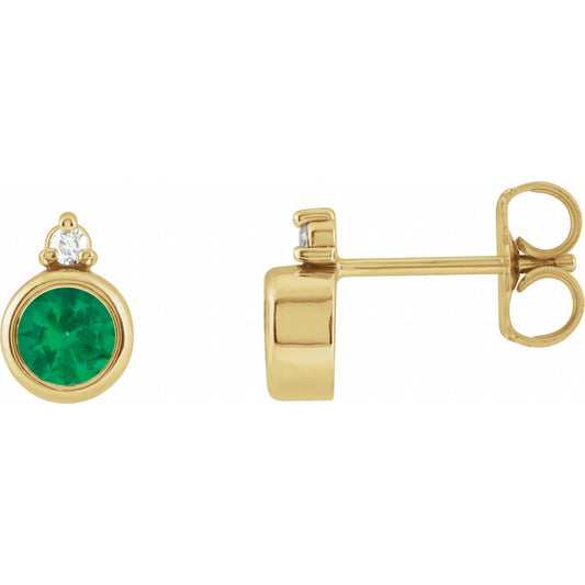 14K Yellow Gold Natural Emerald & .03 CTW Natural Diamond Earrings