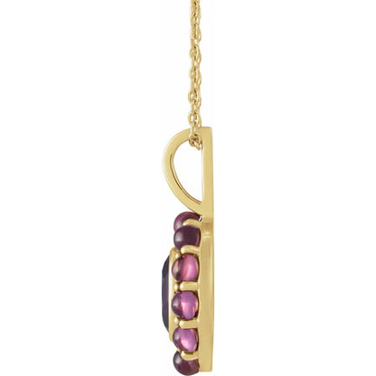 14K Yellow Gold Natural Amethyst & Natural Rhodolite Garnet Halo-Style 16-18" Necklace