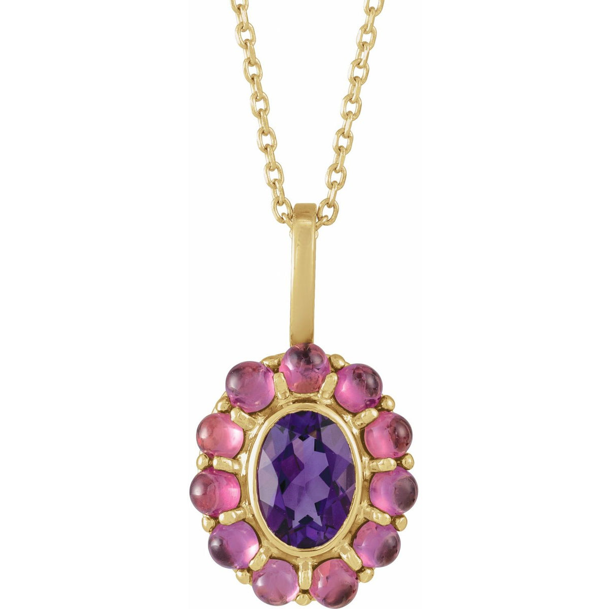 14K Yellow Gold Natural Amethyst & Natural Rhodolite Garnet Halo-Style 16-18" Necklace