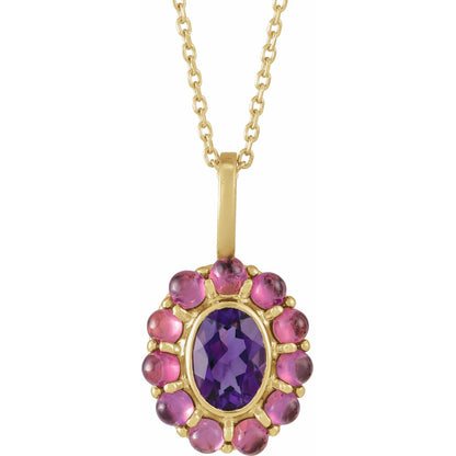 14K Yellow Gold Natural Amethyst & Natural Rhodolite Garnet Halo-Style 16-18" Necklace