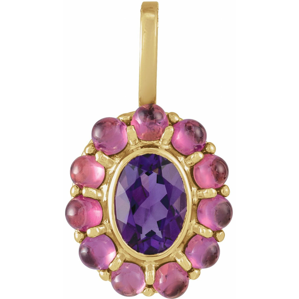 14K Yellow Gold Natural Amethyst & Natural Rhodolite Garnet Halo-Style Pendant