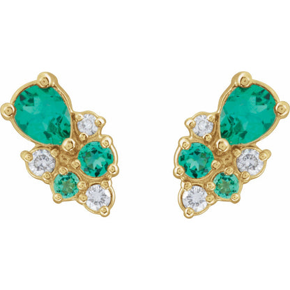 14K Yellow Gold Lab-Grown Emerald & .07 CTW Lab-Grown Diamond Cluster Earrings