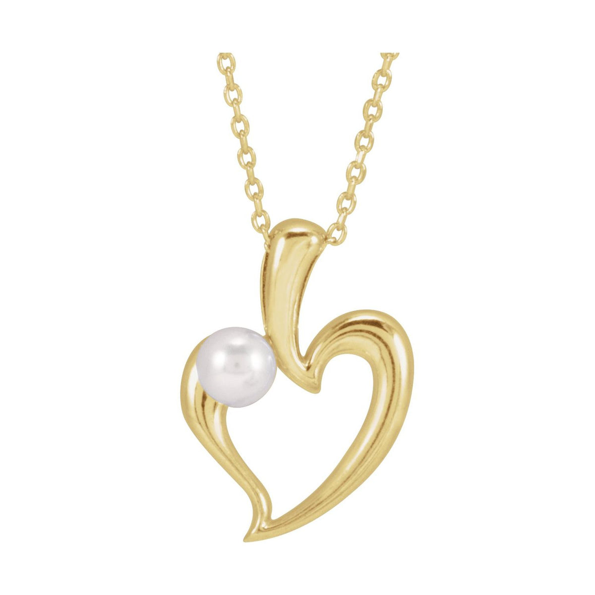 14K Yellow Gold Cultured White Akoya Pearl Heart 16-18" Necklace