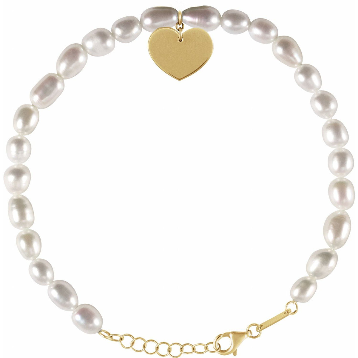 14K Yellow Gold Cultured White Freshwater Pearl & Heart 7-8" Bracelet