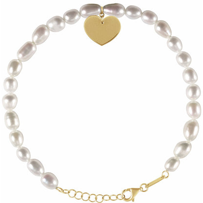 14K Yellow Gold Cultured White Freshwater Pearl & Heart 7-8" Bracelet