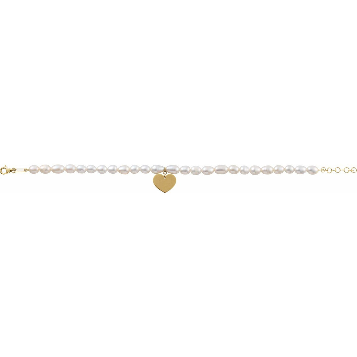 14K Yellow Gold Cultured White Freshwater Pearl & Heart 7-8" Bracelet