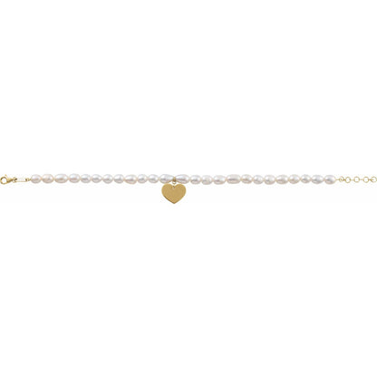 14K Yellow Gold Cultured White Freshwater Pearl & Heart 7-8" Bracelet