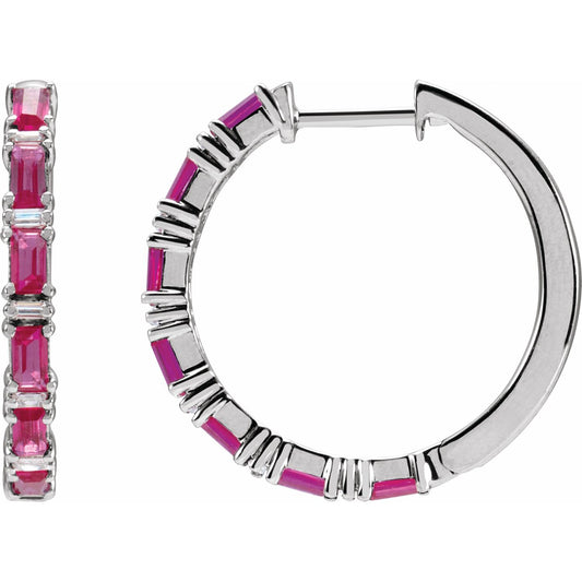 14K White Gold Natural Ruby & 1 1/4 Natural Diamond Hoop Earrings