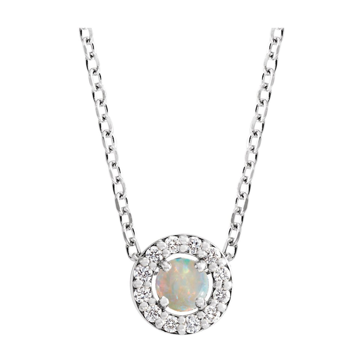 14K White Gold Cabochon Natural White Opal & .06 CTW Natural Diamond Halo-Style 16-18" Necklace