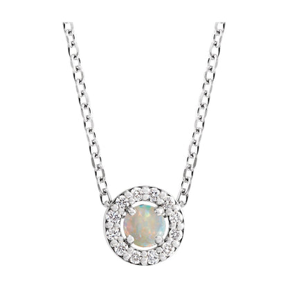 14K White Gold Cabochon Natural White Opal & .06 CTW Natural Diamond Halo-Style 16-18" Necklace
