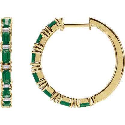 Natural Emerald & Natural Diamond Hoop Earrings