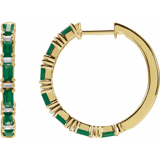 Natural Emerald & 1 1/4 CTW Natural Diamond Hoop Earrings