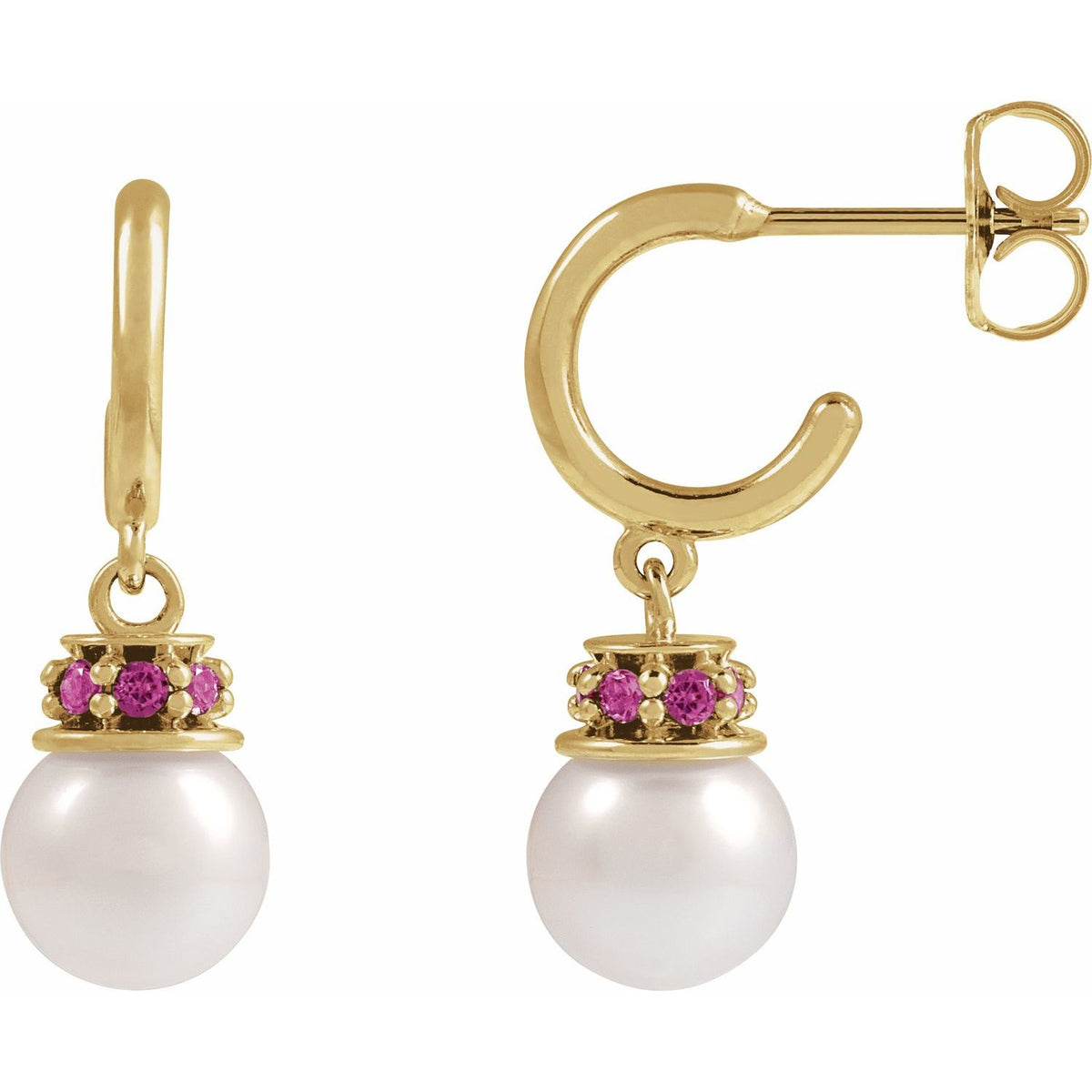 14K Yellow Gold Cultured White Freshwater Pearl & Natural Pink Tourmaline Hoop Earrings