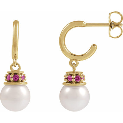 14K Yellow Gold Cultured White Freshwater Pearl & Natural Pink Tourmaline Hoop Earrings