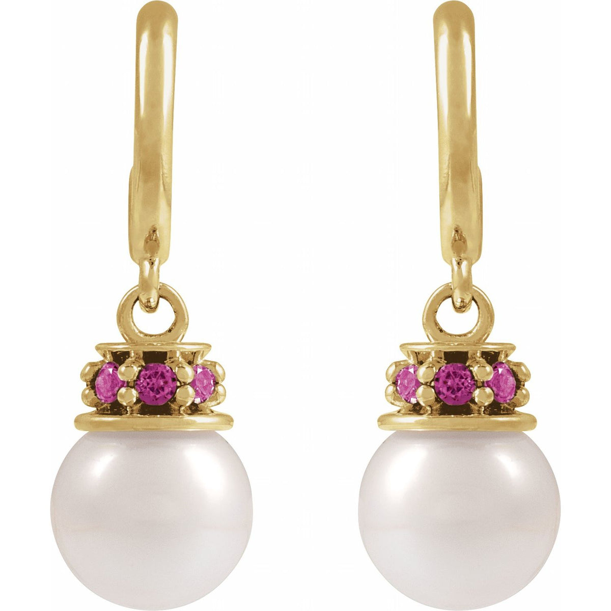 14K Yellow Gold Cultured White Freshwater Pearl & Natural Pink Tourmaline Hoop Earrings