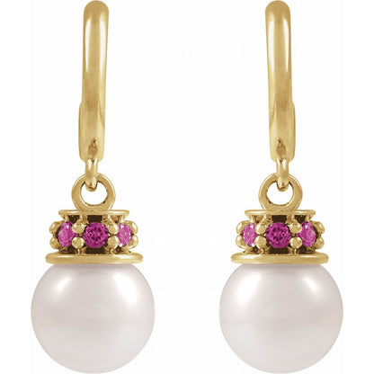 14K Yellow Gold Cultured White Freshwater Pearl & Natural Pink Tourmaline Hoop Earrings