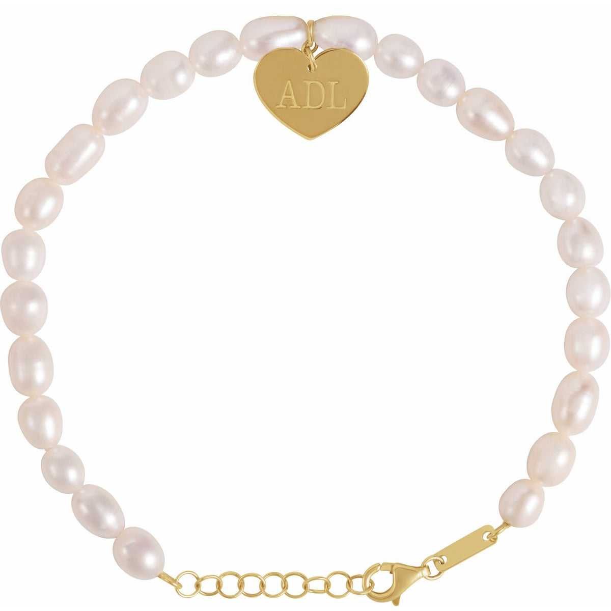 14K Yellow Gold Cultured White Freshwater Pearl & Heart 7-8" Bracelet