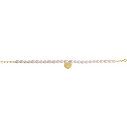 14K Yellow Gold Cultured White Freshwater Pearl & Heart 7-8" Bracelet