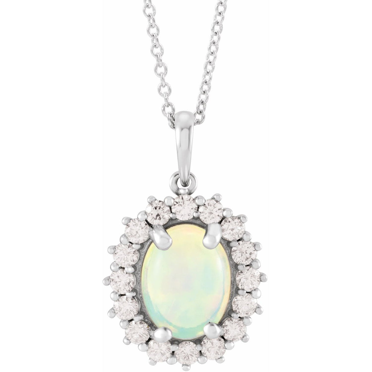 14K White Gold Natural Ethiopian Opal & 1/3 CTW Natural Diamond Halo-Style 16-18" Necklace