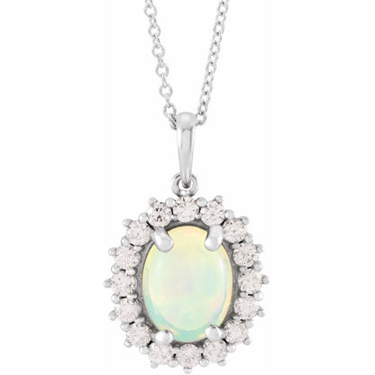 14K White Gold Natural Ethiopian Opal & 1/3 CTW Natural Diamond Halo-Style 16-18" Necklace