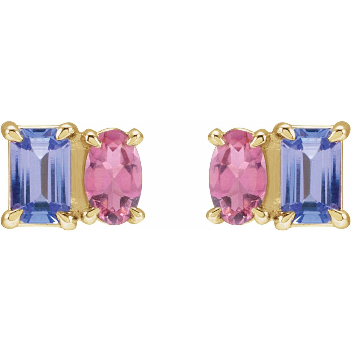 14K Yellow Gold Natural Tanzanite & Natural Pink Tourmaline Two-Stone Stud Earrings