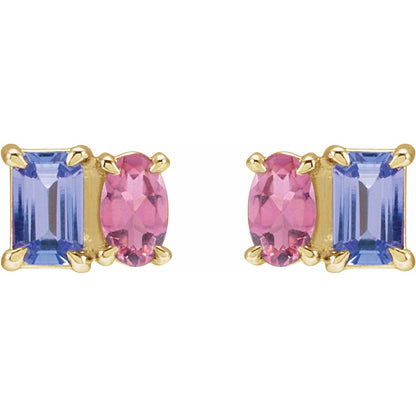14K Yellow Gold Natural Tanzanite & Natural Pink Tourmaline Two-Stone Stud Earrings