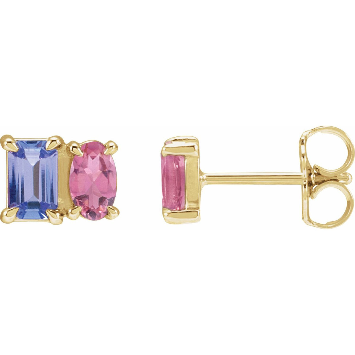 14K Yellow Gold Natural Tanzanite & Natural Pink Tourmaline Two-Stone Stud Earrings