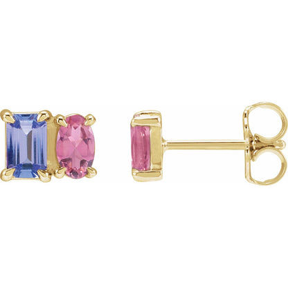 14K Yellow Gold Natural Tanzanite & Natural Pink Tourmaline Two-Stone Stud Earrings