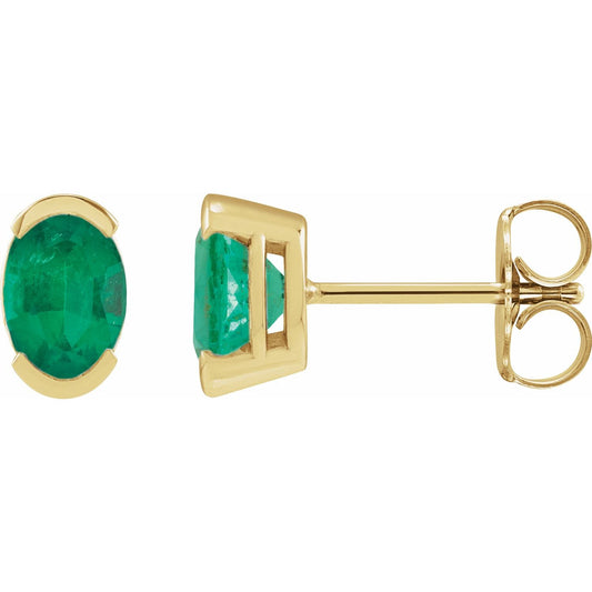 14K Yellow Gold 6x4 mm Lab-Grown Emerald Stud Earrings