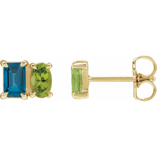 14K Yellow Gold Natural London Blue Topaz & Natural Peridot Two-Stone Stud Earrings
