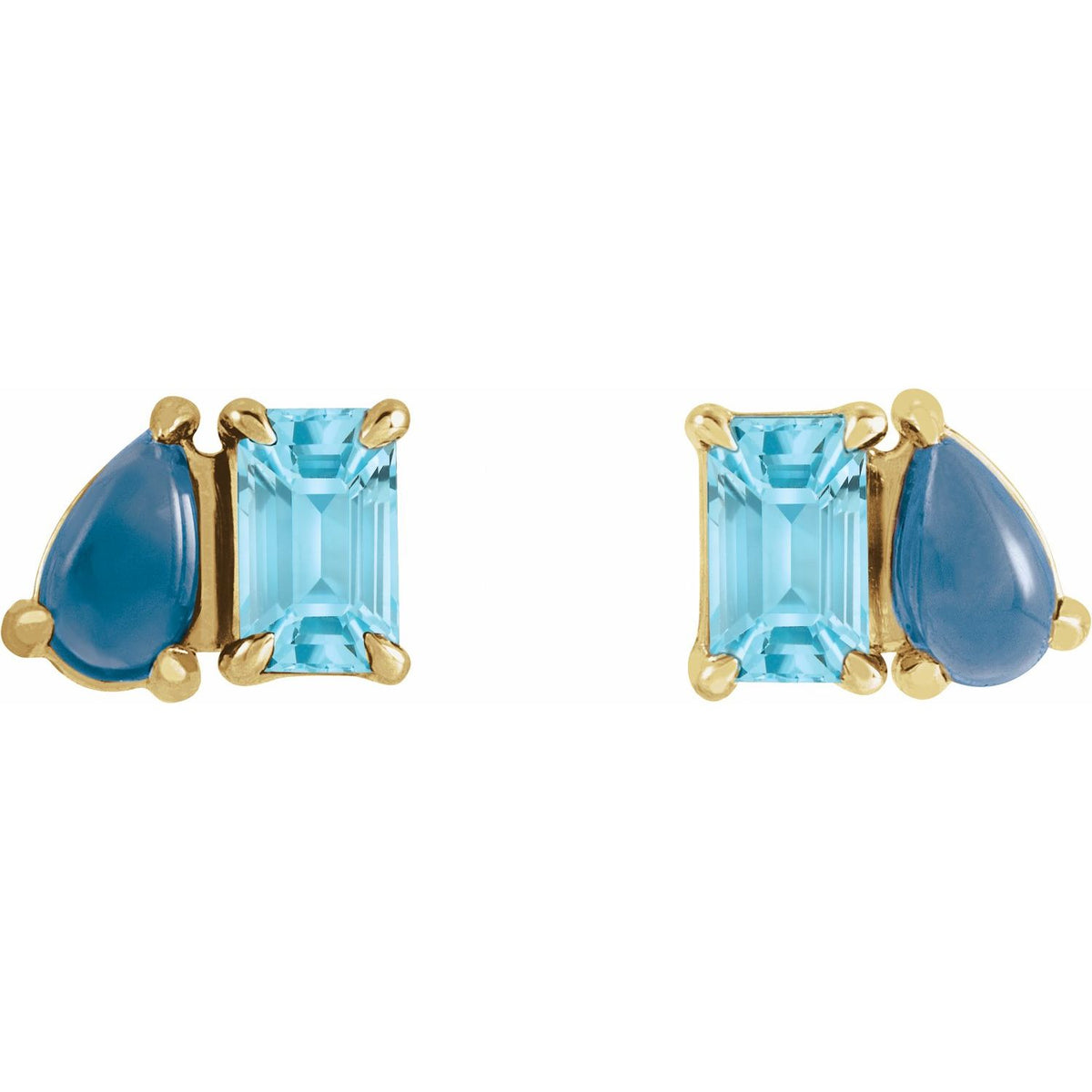 14K Yellow Gold Natural Sky Blue Topaz & Natural London Blue Topaz Two-Stone Stud Earrings