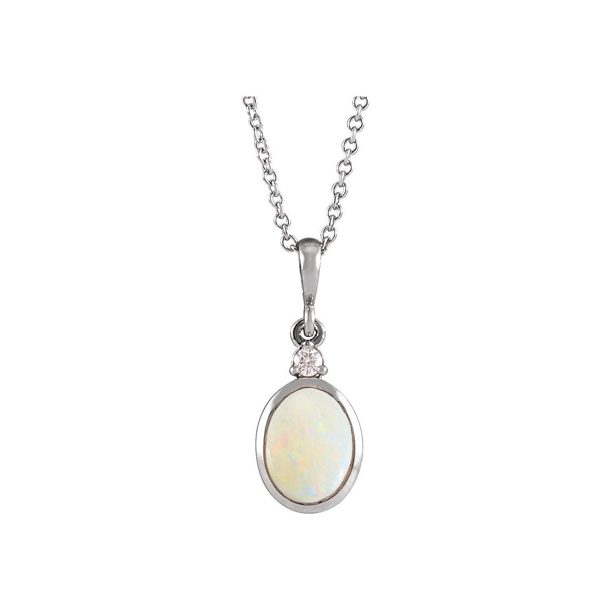 14K White Gold 9x7 mm Natural White Opal & .03 CT Natural Diamond 16-18" Necklace