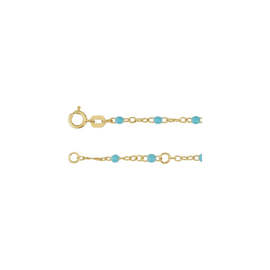 14K Yellow Gold Adjustable Turquoise Enamel Bead 15-16" Chain