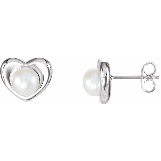 Sterling Silver Cultured White Freshwater Pearl Heart Earrings