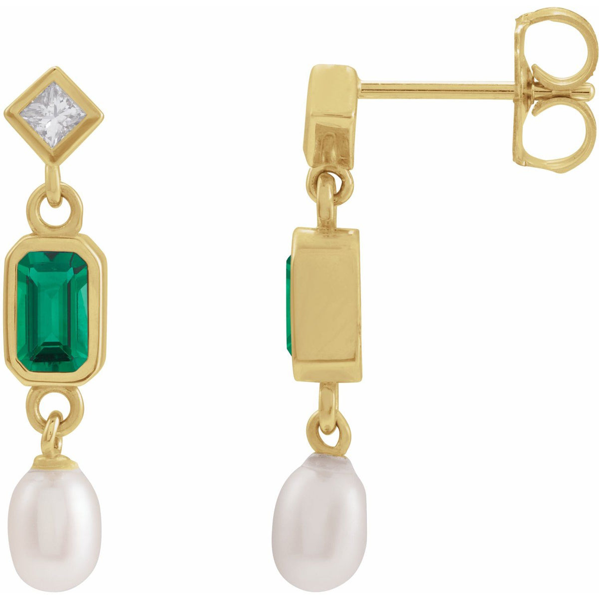 14K Yellow Gold Lab-Grown Emerald, Cultured White Akoya Pearl & .05 CTW Natural Diamond Earrings