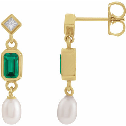 14K Yellow Gold Lab-Grown Emerald, Cultured White Akoya Pearl & .05 CTW Natural Diamond Earrings