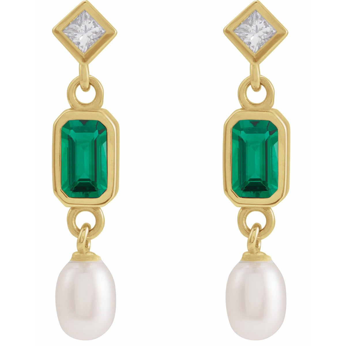 14K Yellow Gold Lab-Grown Emerald, Cultured White Akoya Pearl & .05 CTW Natural Diamond Earrings