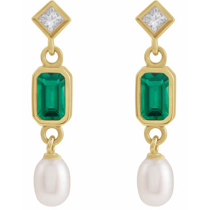 14K Yellow Gold Lab-Grown Emerald, Cultured White Akoya Pearl & .05 CTW Natural Diamond Earrings