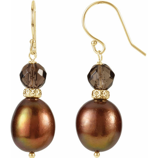 14K Yellow Gold Cultured Chocolate Freshwater Pearl & Natural Smoky Quartz Earrings